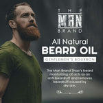 Beard oil advertisement featuring a bearded man and bold white lettering, labeled Gentlemen's Bourbon Beard Oil.