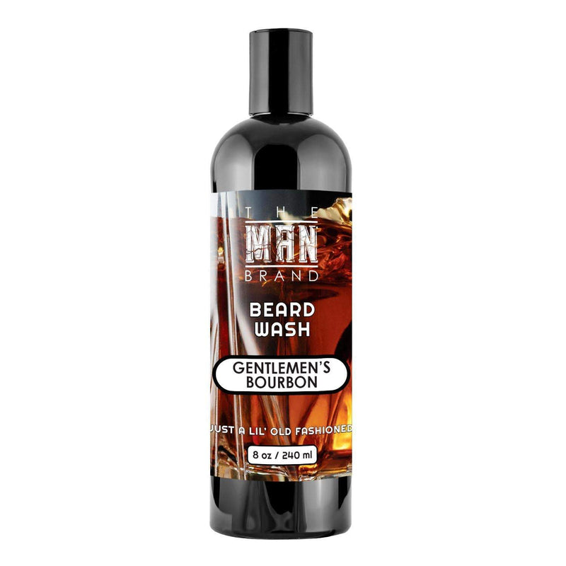 Beard wash in a black plastic bottle with a bourbon-colored label and flip-top cap; Gentlemen's Bourbon Beard Wash, 8 oz.