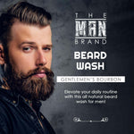 Gentlemen's Bourbon Beard Wash label with bold white text and a bearded man portrait in a black shirt, no bottle visible.
