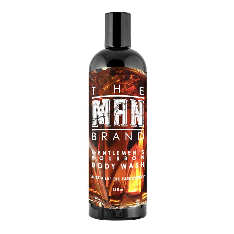 Gentlemen's Bourbon Body Wash in a black plastic bottle with a black cap and amber bourbon-patterned label.