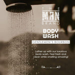 Gentlemen's Bourbon Body Wash product label with white typography, showing a showerhead and water droplets in a sepia design.