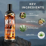 Gentlemen's Bourbon Conditioner in a dark bottle, with bourbon amber graphics and white lettering listing key ingredients.
