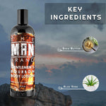 Gentlemen's Bourbon Men's Body Lotion in a black bottle with fiery orange bourbon-inspired graphics and white lettering.