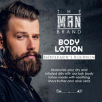 Gentlemen's Bourbon Men's Body Lotion label featuring a bearded man, bold white lettering, and a dark charcoal design.