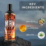 Gentlemen's Bourbon Shampoo in a black bottle with an amber bourbon-inspired label and white lettering.