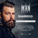 Gentlemen's Bourbon Shampoo label featuring bold white lettering and a bearded man’s portrait on a charcoal design.