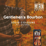 Solid cologne in a black vintage-style slide tin, labeled Gentlemen's Bourbon Solid Cologne with white lettering.