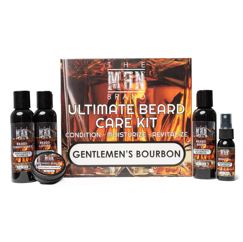Beard care kit, Gentlemen's Bourbon Ultimate Beard Pack, with black bottles and amber bourbon-themed labels in a gift box.