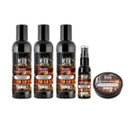 Gentlemen's Bourbon Ultimate Beard Pack with black plastic bottles and tin, orange-and-brown bourbon labels, and beard wash, conditioner, lotion, oil and balm.