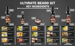 Five-piece Gentlemen's Bourbon Ultimate Beard Pack grooming set with black bottles and balm tin, labeled washes, oil, balm, lotion and conditioner.