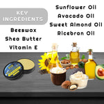 Life of the Party Beard Balm in a black round tin with a yellow label, shown beside natural oils, nuts, and shea butter.