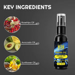 Beard oil, Life of the Party Beard Oil in a black spray bottle with a blue and yellow label and 1 oz marking.