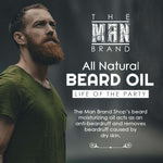 Beard oil product graphic featuring a bearded man and white lettering on a dark background, labeled Life of the Party Beard Oil