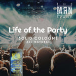 Life of the Party Solid Cologne in a blue-and-yellow labeled rectangular vintage slide tin, 0.75-ounce pocket-sized container.