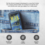 Life of the Party Solid Cologne in a dark blue slide tin with bold yellow lettering, shown tucked into a denim pocket.