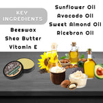 Lumberjack Beard Balm in a round black tin with an open lid, shown alongside oils, shea butter, and key ingredients.