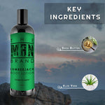 Lumberjack Body Lotion in a black bottle with a bright green label, bold lettering and pump-style cap.
