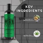 Lumberjack Body Wash in a clear bottle with a bright green label, black cap, and bold black lettering.