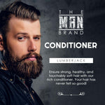 Lumberjack Conditioner product label featuring a bearded man, bold white lettering, and a dark gray background with ornamental text details.