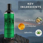 Lumberjack Shampoo in a black bottle with a bright green label, featuring bold “The Man Brand” lettering and ingredient graphics.