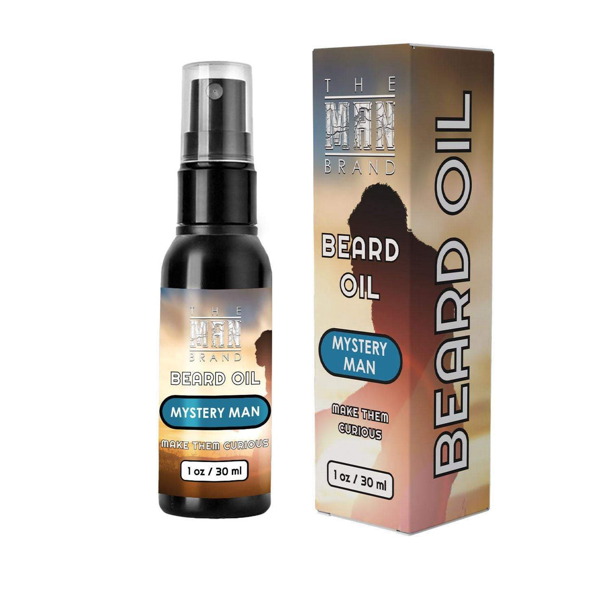 Mystery Man Beard Oil in a black spray bottle and matching tan-to-brown box, with bold lettering and blue label details.