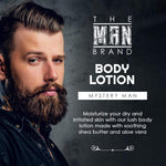 Mystery Man Body Lotion, a black-and-white product graphic with bold lettering, a bearded man portrait, and shea butter and aloe vera claims.