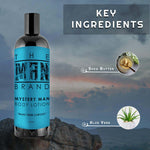 Mystery Man Body Lotion in a glossy black bottle with a bright turquoise label and bold lettering.