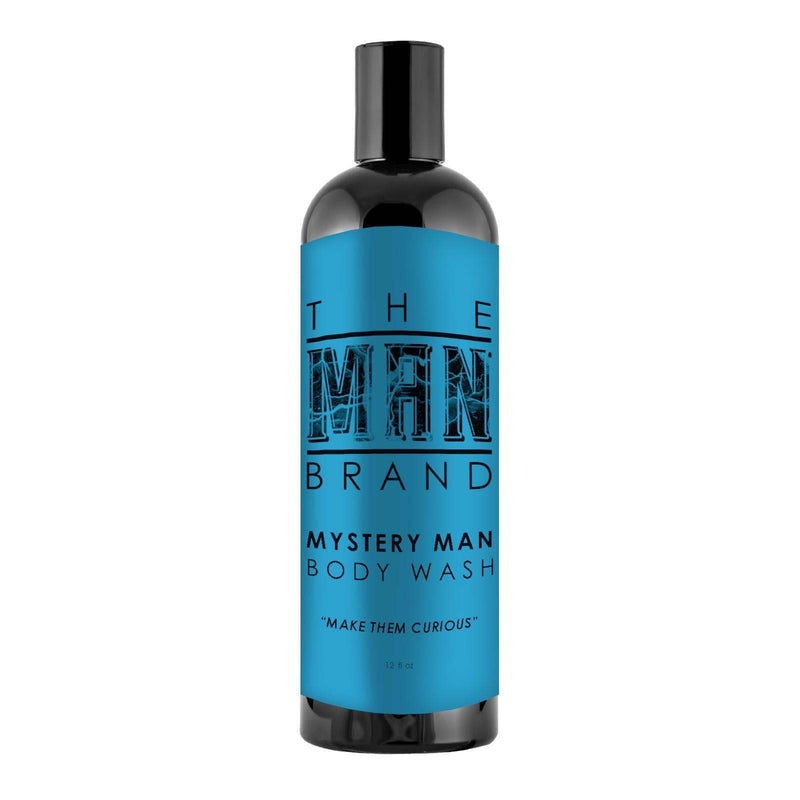 Mystery Man Body Wash in a black plastic bottle with a vivid blue label and bold black lettering.