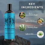 Mystery Man Conditioner in a glossy black bottle with a bright turquoise label and bold black lettering.
