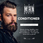 Mystery Man Conditioner label featuring a bearded man, bold white lettering, and a dark charcoal background with ornamental flourishes.