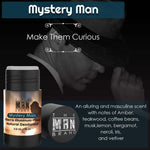 Mystery Man Natural Aluminum-Free Deodorant in a black twist-up stick with a tan label and blue name band.