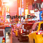 Mystery Man Solid Cologne in a rectangular vintage slide tin, with a dark gray lid and cream label printed in black lettering.