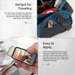 Mystery Man Solid Cologne in a slim silver slide tin with a blue edge and vintage-style printed label, shown in hand and luggage.