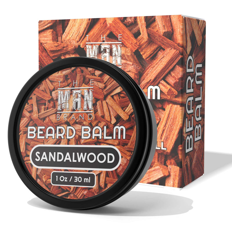 Sandalwood Beard Balm in a black round tin with a matching wood-grain printed box and bold white lettering.