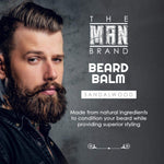 Sandalwood Beard Balm product graphic featuring a bearded man, white text, and a charcoal gray design with a sandalwood label