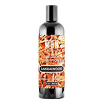 Beard conditioner in a black 8 oz bottle with an orange wood-grain label and black cap, Sandalwood Beard Conditioner.