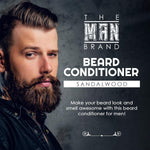 Sandalwood Beard Conditioner product graphic with bold white lettering, gray background, and a bearded man’s portrait.