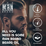 Sandalwood Beard Oil, beard-care product graphic with a bearded man and icons for conditioning and nourishment