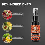 Sandalwood Beard Oil in a black spray bottle with a red-brown wood-pattern label and clear cap, shown with ingredient callouts.