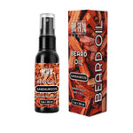 Sandalwood Beard Oil in a black spray bottle with matching box, featuring a reddish-brown wood grain pattern and white lettering.