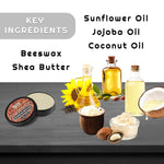 Sandalwood Solid Cologne in a round black tin with an orange-brown label, shown with a pale solid balm.