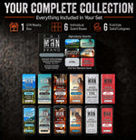 Solid Cologne six-pack variety set in clear plastic tins, featuring colorful labels with six distinct fragrance names and scents