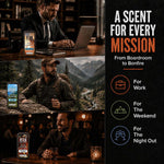 Solid Cologne shown in three compact rectangular tins with colorful labels, paired with work, outdoor, and evening scents.