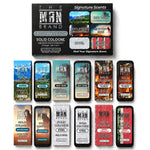 Solid Cologne 6-pack variety set in black, teal, blue, red, and white tins, with vintage labels and assorted scents.