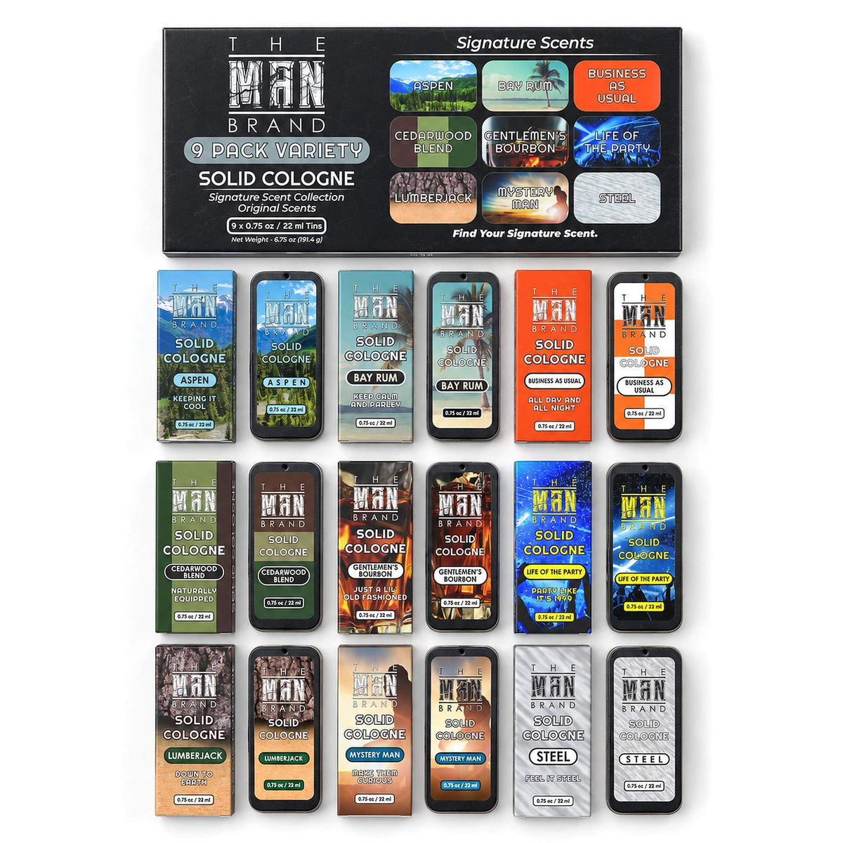 Solid Cologne nine-pack with rectangular tins in assorted colors, each labeled with a different signature scent.