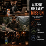 Solid Cologne balm in compact rectangular tins with warm orange, olive green, and navy labels, shown in three scents.