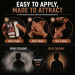 Solid Cologne balm in a vintage black-and-orange tin, shown with swipe, warm and apply steps and a discreet scent aura.