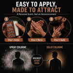 Solid Cologne tin shown beside hands warming and applying the scented balm, with a subtle scent aura graphic