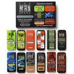 Solid Cologne six-pack variety set with green, orange, blue, brown, and black boxes, featuring vintage graphic labels.