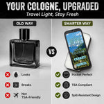 Solid Cologne shown as a compact phone-sized tin with a printed blue-green label and spill-resistant design claims.